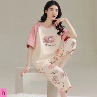 Bộ Đồ Ngủ Kích Thước Lớn Váy Ngủ Phù Hợp Với Bộ Đồ Ngủ Nữ Mùa Hè Cotton Nguyên Chất Ngắn Tay Crop Quần Phù Hợp Với Ngọt Ngào Dễ Thương Mỏng Phong Cách Kích Thước Lớn Rời Có Thể Mặc Bên Ngoài