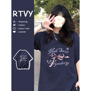 「RTVY」Áo thun Cotton tay ngắn Plus Size Vintage Letter Bow In dáng rộng giản dị màu trơn hàng đầu