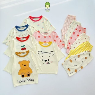 Đồ Bộ Cộc Tay Cho Bé Gái, Bé Trai KIMCHIBABY Vải Cotton Lụa Hoạ Tiết Cherry Quần Caro, Bộ Quần Áo Cho Bé Mặc Nhà K405