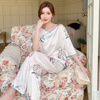 Bộ Đồ Ngủ Phong Cách Quốc Gia Cao Cấp Nữ Mùa Hè Băng Lụa Jacquard Tay Ngắn Lưới Gió Đỏ Phù Hợp Với 2024 Mới Homewear Mỏng