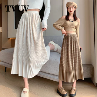 Tvuv Plus Size Váy giảm béo chữ A xếp ly màu trơn dài vừa phải 11196