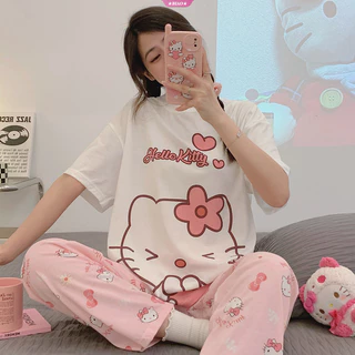 Bộ đồ ngủ hoạt hình Sanrio Hello Kitty Y2K dành cho nữ mặc tại nhà dáng rộng tay ngắn Quần dài Pyjama Quà tặng