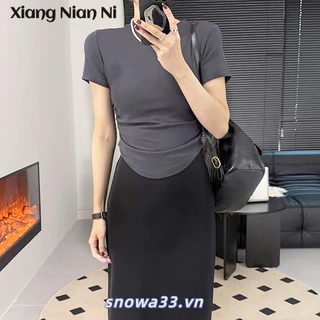 Xiang NIAN NI Áo thun nữ ngắn tay cổ tròn dáng ôm vừa vặn xếp ly đáy áo sơ mi phong cách đơn giản màu trơn thiết kế đa năng hàng đầu vai phải