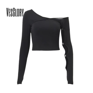 Vesglory Nữ Rỗng Ra Áo Thun 2024 Thiết Kế Thời Trang Mới Sense Street Cổ Bất Đối Xứng Rỗng Slim-fit Áo Thun Dài Tay Top