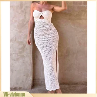 Vie Nữ Dây Đan Móc Đi Biển Đầm Gợi Cảm Lưng Không Tay Sâu Cổ Chữ V Cắt Bodycon Đầm Mùa Hè