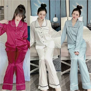 Đồ bộ nữ pijama lụa ngủ gấm xước ánh kim dài tay mặc nhà cao cấp