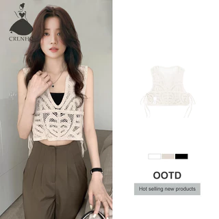 Crlnhc Nữ Rỗng Ra Dệt Kim Top Mùa Hè Màu Trơn Phối Ren Không Tay Rời Camisole vn