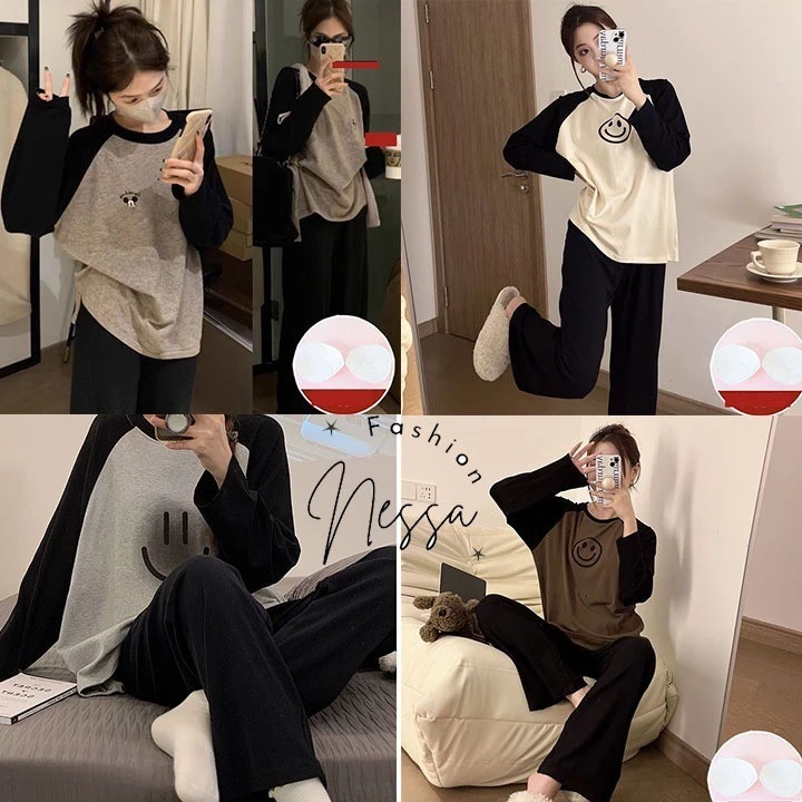 Bộ Đồ Ngủ Nữ Quần Áo Ngủ Có Đệm Ngực Lót Mặc Ở Trong Nhà Vải Cotton Co Giãn Pijama Dài Tay Dày Mùa Xuân Thu Đông Hè