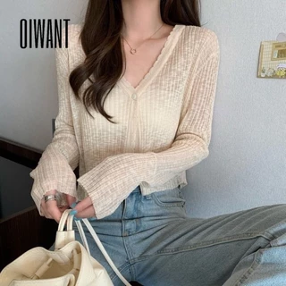 Oiwant Áo Cardigan Nữ Mờ Cổ Chữ V Đan Màu Trơn 2024 Phong Cách Mới Dài Tay Ôm Phù Hợp Với Mọi Trận Đấu