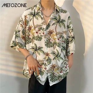 Metozone Áo sơ mi ngắn tay hoa phong cách Hawaii Nam mùa hè đi biển dáng rộng áo sơ mi giản dị phong cách bến cảng cổ vuông tay ngắn