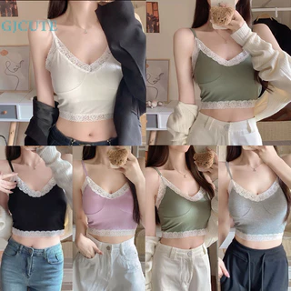 Gjcute Mùa Hè Nữ Ngọt Ngào Cổ Chữ V Ren Chắp Vá Không Tay Slim Camisole Có Miếng Lót Ngực WTD