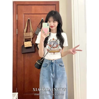 Xiaozhainv Áo thun ngắn tay in hình cổ tròn thời trang Hàn Quốc dáng ôm gợi cảm Y2K Croptop quần áo nữ