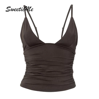 Sweeticme Nữ 2024 Thời Trang Mới Cổ Chữ V Màu Trơn Nhăn Có Thể Điều Chỉnh Áo Tank Topsole