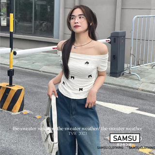 Áo thun trễ vai nữ đính nơ phong cách Hàn Quốc chất thun xốp mát mẻ co dãn Samsu.clothing_saigon guuu