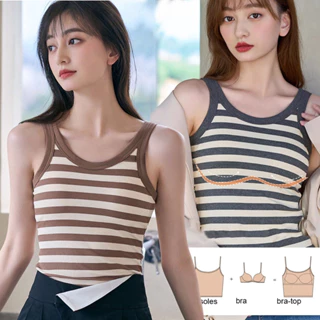 Áo Ngực Nữ Top Mới Slim Fit Sọc Tank Top Có Miếng Lót Ngực Bên Ngoài Mặc, Áo Dệt Kim Nữ Không Tay