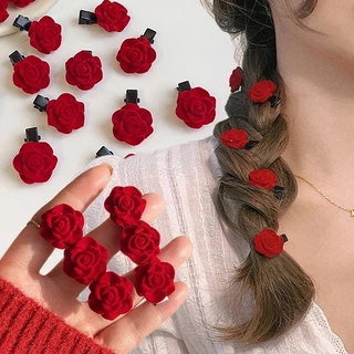 Kẹp Tóc Hoa Hồng Nhung Đỏ Hàn Quốc - Kẹp Tóc Hoa Nhỏ Nữ - Kẹp Tóc Đơn Giản Nữ - Kẹp Tóc Thanh Lịch - Salon Side Bangs Clip - Phụ Kiện Tóc Cưới