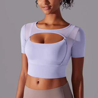 [Lasyyoga] (Đệm cố định) Áo thể thao Lưới rộng viền gợi cảm Tập hợp áo Crop Top