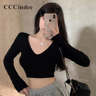 Cccindee Nữ 2024 Thời Trang Mới Đơn Giản Cổ Chữ V Dài Tay Tất Cả Trận Đấu Top