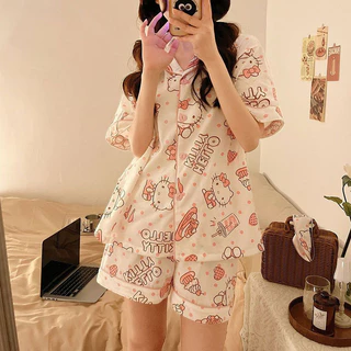 Bộ đồ ngủ ngắn tay giả cotton Hello Kitty dễ thương Bộ đồ mặc nhà mùa hè cho nữ