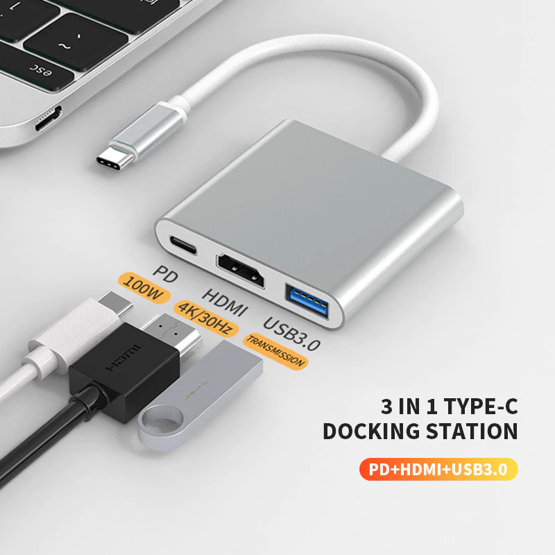 Cổng Sạc Đa Năng 3 Trong 1 Cổng USB 3.0 Type C Sang HDMI USB-C 4K Cho IOS Android