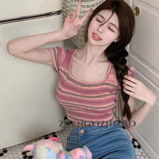 Zhengyizhidao Pure Desire Girl Cổ Vuông Ngắn Top Nữ 2024 Thiết Kế Mùa Hè Niche Cao Cấp Sọc Dệt Kim Áo Thun Nữ Tay Ngắn