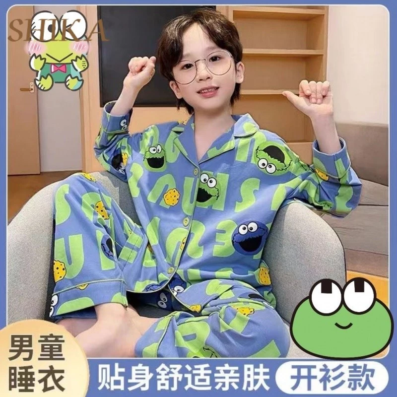 [Shika] Bộ Đồ Ngủ Bé Trai Dài Tay Xuân Thu Phong Cách Mới Influencer Bộ Đồ Ngủ Trẻ Em Bé Gái Đẹp Trai Cardigan Sesame Street