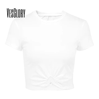 Vesglory Nữ Crop Top 2024 Thời Trang Mới Nhẫn Sắt Tình Yêu Cổ Tròn Tay Ngắn Xếp Ly Áo Thun Tay Ngắn