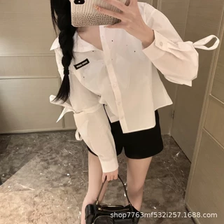 DQCY MIU MIU 24Spring and Summer New Special-Interest Design Cute Youth-Looking Hot Drilling Cuff with Strap Bowknot Shirt