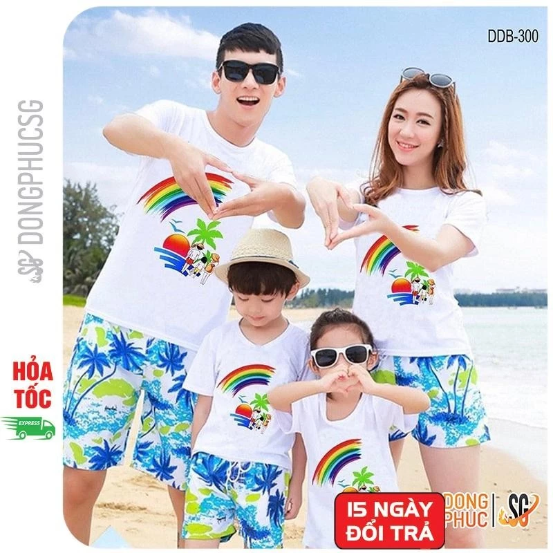 Đồ đi biển gia đình nguyên set gồm áo thun và quần hoạ tiết nổi bật cho hội nhóm cặp đôi DDB300T08