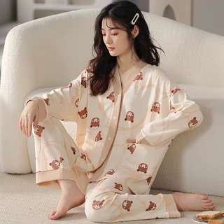 Bộ Đồ Ngủ Nữ Xuân Thu Phong Cách Dài Tay Dễ Thương Ngọt Ngào Homewear Phù Hợp Với Áo Cardigan Cổ Chữ V Cổ Áo Kimono Có Thể Đeo Ra