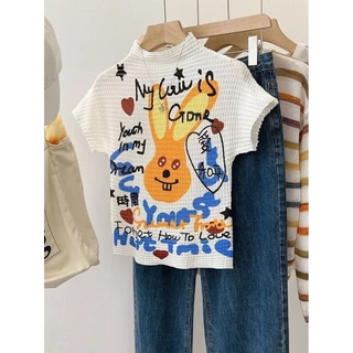 Retro In Hình Graffiti Cổ Cao Ngắn Tay Dệt Kim Nữ Mùa Hè Phong Cách Mới Phù Hợp Với Slim-fit Hợp Thời Trang Áo Thun Ngắn Top