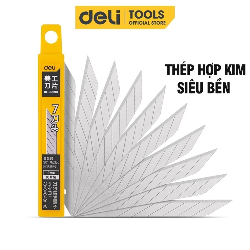 Hộp 10 Lưỡi Dao Rọc Giấy Deli, Chất Liệu Thép Hợp Kim Siêu Bền, Sắc Bén, Mũi Dao 30 Độ Cỡ Thông Dụng