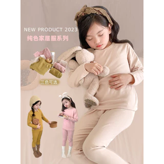 Bộ Đồ Ngủ Cho Bé Gái Hai Mảnh Bộ Trẻ Em Thu Đông Màu Trơn Cotton Len Kéo Khung Loungewear Set