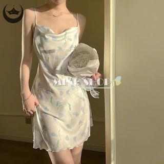 [Shk] Pring Flowers Váy ngủ Váy ngủ Ice Silk Homewear Cổ chữ V Váy ngủ gợi cảm Mini Sling Đồ ngủ Ice Silk Loungewear GDO