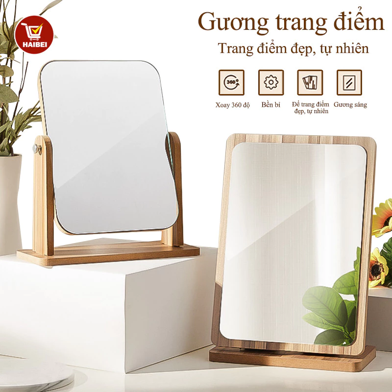Gương trang điểm để bàn kiểu Hàn Quốc, khung gỗ, hình vuông, đơn giản.