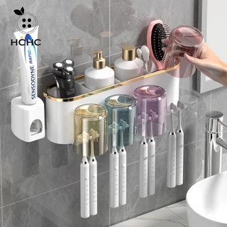 HCHC Giá đỡ bàn chải đánh răng, Giá đựng kem đánh răng không đục lỗ bằng nhựa, Giá treo tường chống nước sáng tạo có máy ép Kệ phòng tắm gia đình