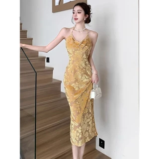 Retro Mới Phong Cách Trung Hoa Xuân Hè Dây Cổ Sling Đầm Nữ Cao Cấp Cảm Giác Sang Trọng Khe Cải Thiện Sườn Xám Dài Váy Với