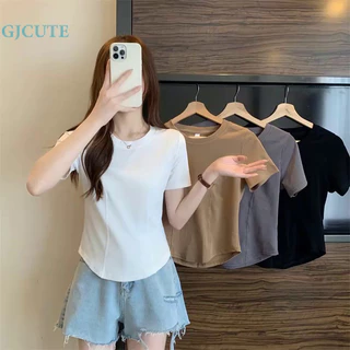 Gjcute Mùa Hè Hàn Quốc Áo Thun Nữ Cổ Tròn Mỏng Không Đều Áo Crop Top WTD