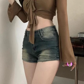 Mỹ Retro Cô Gái Nóng Quần Short Denim Nữ Mùa Hè Phong Cách Mới Nhỏ Cao Cấp Co Giãn Ôm Hơn Nhìn Chữ A Ống Rộng Quần Nóng