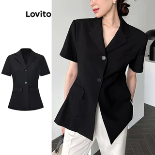 Lovito Áo khoác blazer trơn có nút thông thường dành cho nữ L70AD123 (Đen)