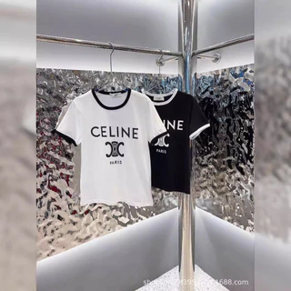 EAPU CELINE 24Spring and Summer New Contrast Color Neckline Letter Print Casual All-Matching Pullover Short Sleeve Top