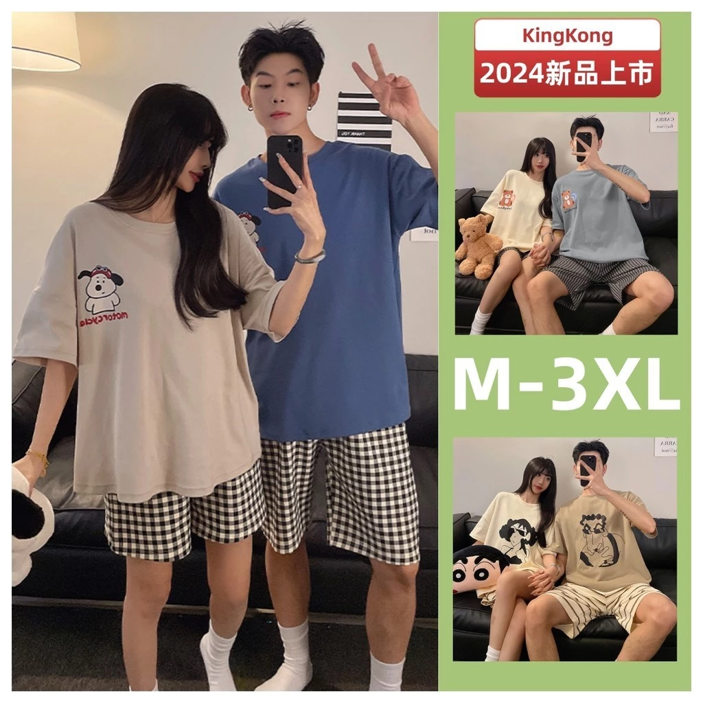 Cặp Đôi Bộ Đồ Ngủ Cotton Tay Ngắn Bộ Đồ Ngủ Mùa Hè Nam Nữ Plus size Đồ Ngủ Người Phụ Nữ Phiên Bản Hàn Quốc Hoạt Hình Loungewear M-3XL