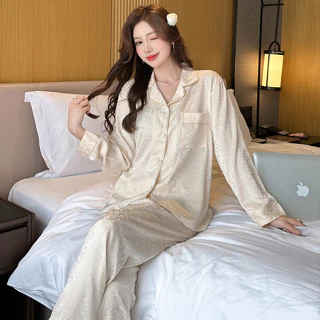 Xuân Thu Dài Tay Jacquard Da Báo In Băng Tuyết Lụa Bộ Đồ Ngủ Nữ Hàn Quốc Cardigan Homewear Suit