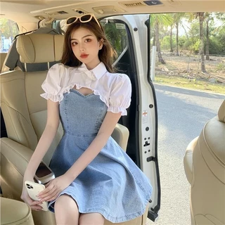 Mùa hè Pháp ngọt ngào Retro Khăn choàng nhỏ + Slim-fit Slimer Look Denim Sling Dress Nữ Bộ đồ hai mảnh / Một mảnh