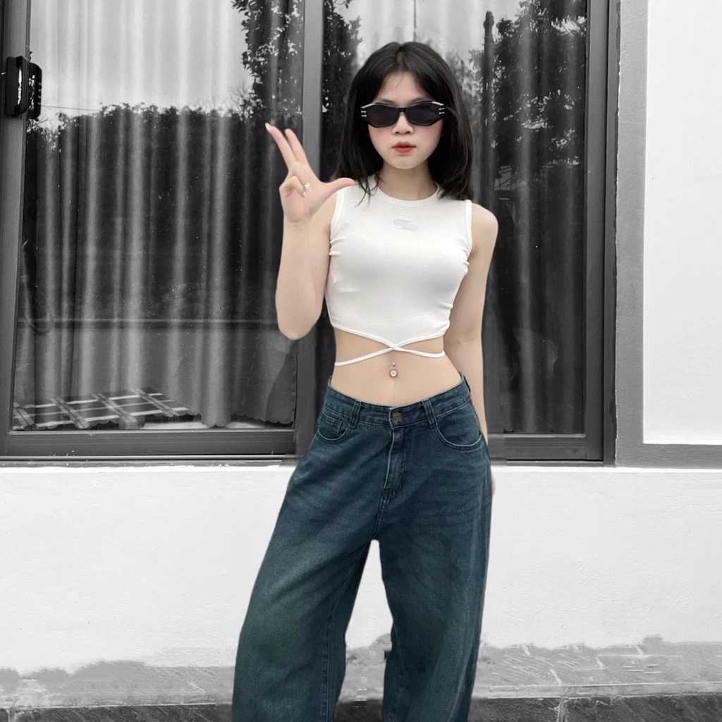 Áo Thun croptop Dây Buộc Eo Cổ tròn Ôm gọn Nữ Dáng Ngắn