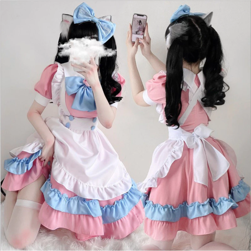 Cosplay nữ ngắn, Bộ trang phục Cosplay hầu gái siêu dễ thương Bộ 5 món, Váy Lolita màu hồng