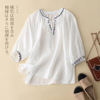 Nguyên Bản Cotton Và Vải Lanh Thêu Cổ Chữ V Ba Phần Tư Áo Sơ Mi Nữ Thoải Mái Mềm Mại Áo Sơ Mi Mới Cổ Phối Phối Ren Mùa Hè Top