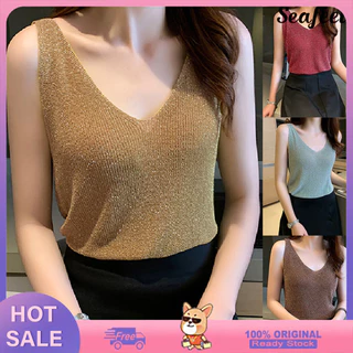 [Cod]❤Phụ Nữ Gợi Cảm Màu Trơn Sáng Áo Dệt Kim Cổ Chữ V Mùa Hè Slim Fit Vest