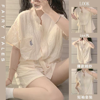 Bộ Đồ Ngủ Sợi Cotton Nữ Mùa Hè 2024 Phong Cách Mới Đơn Giản ins Phong Cách Mỏng Có Thể Mặc Bên Ngoài Tay Ngắn Homewear Phiên Bản Hàn Quốc Bộ Đồ Thời Trang