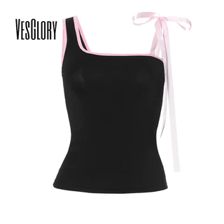 Vesglory Nữ Tank Top 2024 Thời Trang Mới Màu Trơn Túi Đeo Tay Không Tay